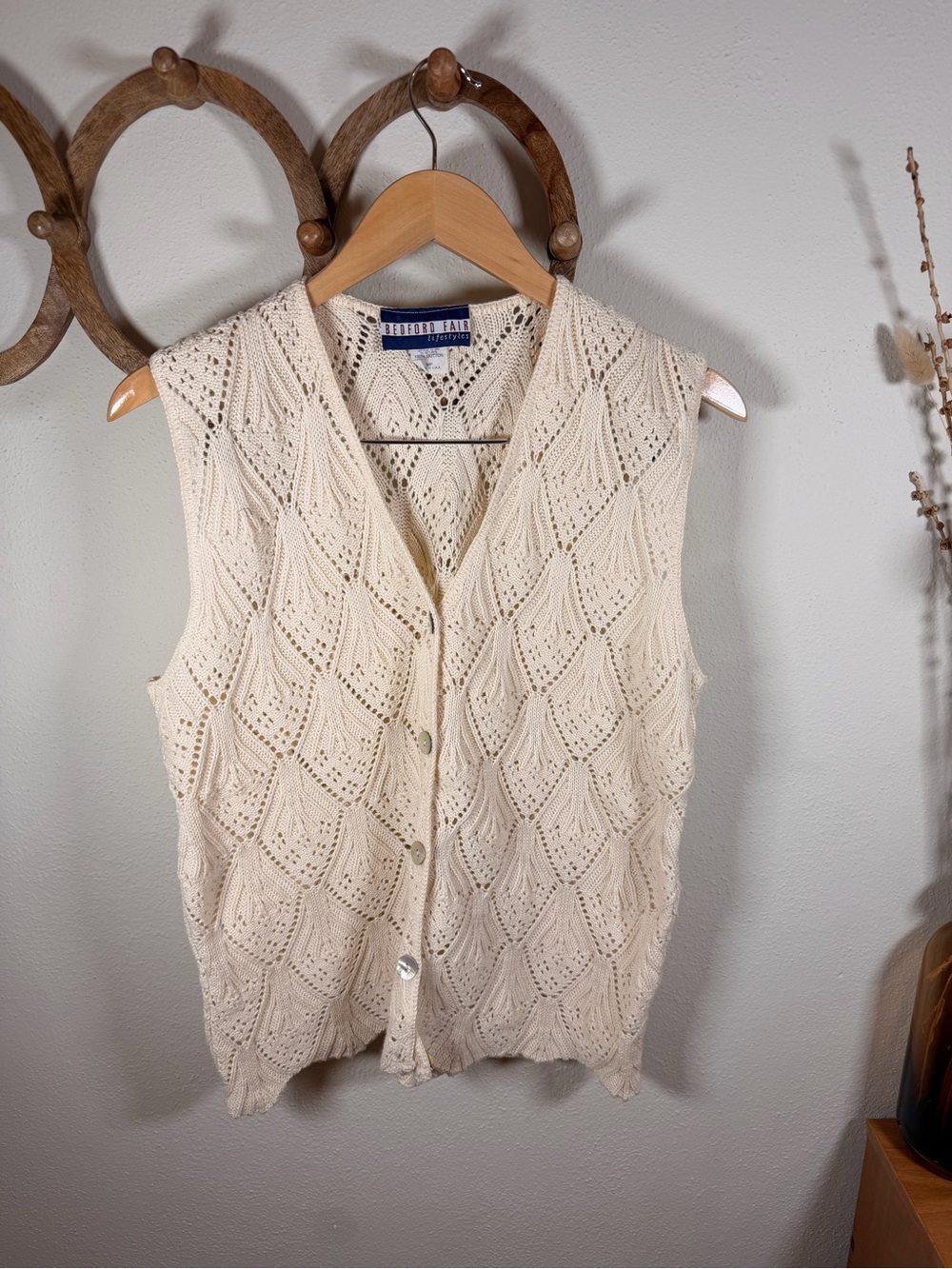 Vintage Bedford Fair Cream Cotton Open Knit Sweater Vest Made in USA